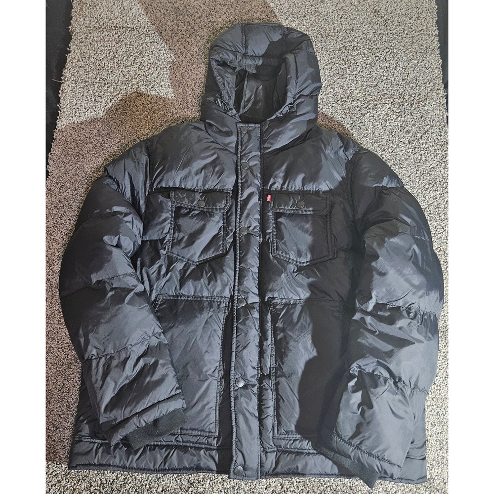 Levis Mens Black Puffer‎ Jacket Hooded Winter Parka Coat XL LM2RN467